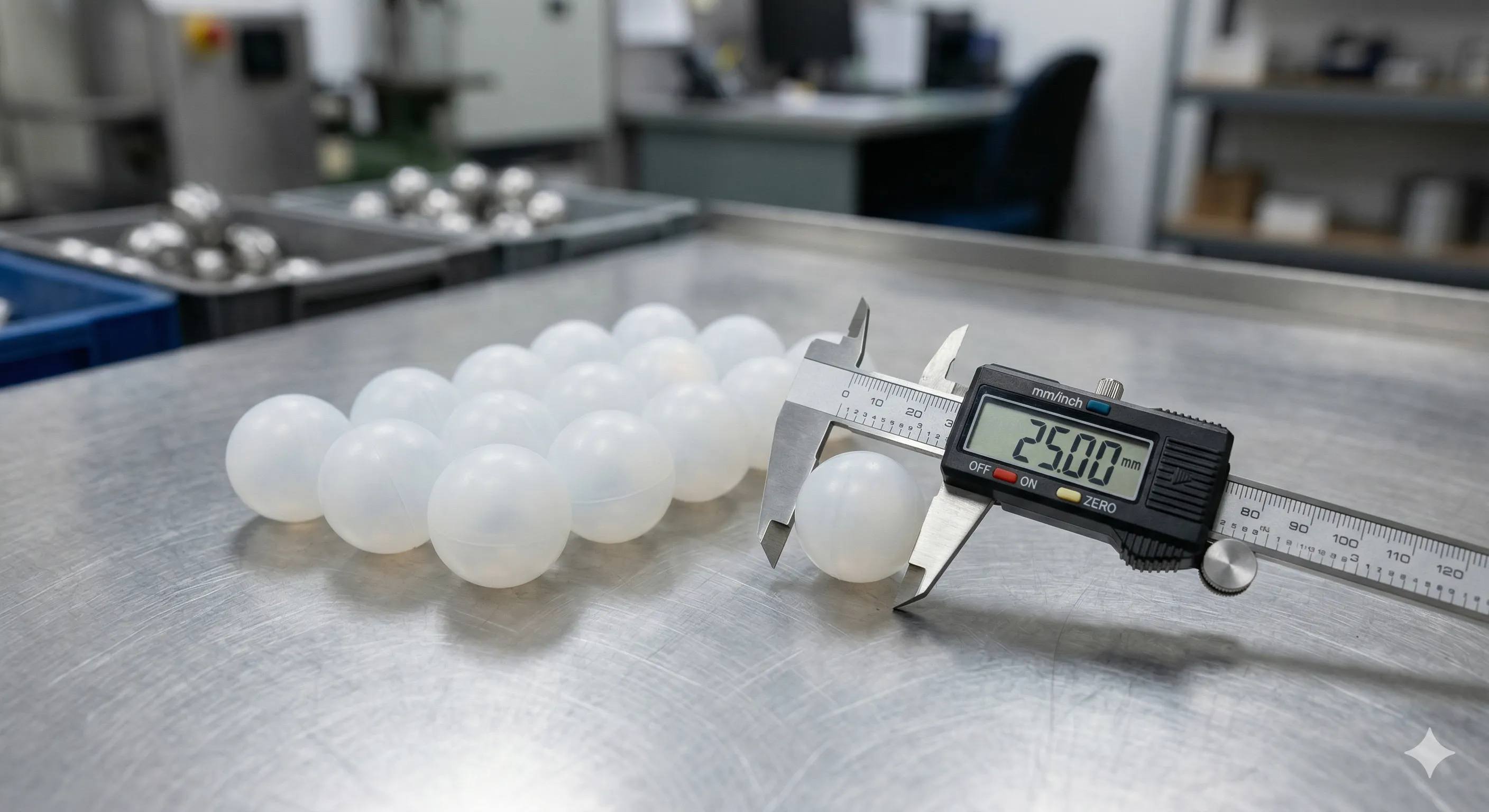 Bolillas plásticas de precisión para desodorante roll-on sobre superficie industrial con calibrador digital - Molding SAS Colombia