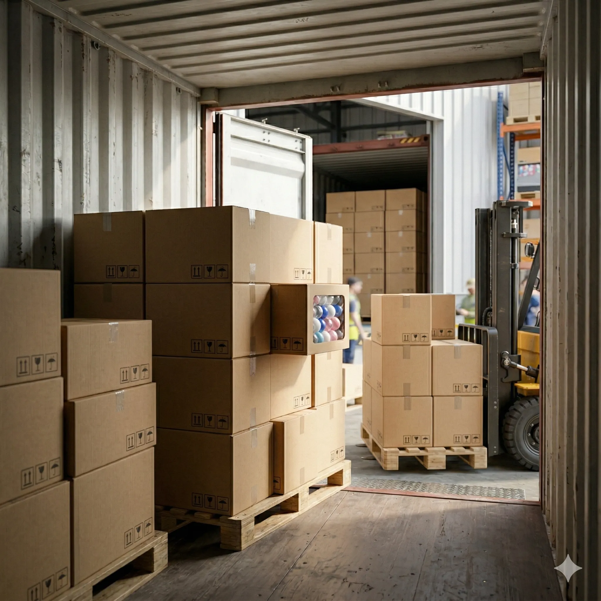 Cajas industriales de esferas plásticas preparadas para exportación en contenedor desde Colombia
