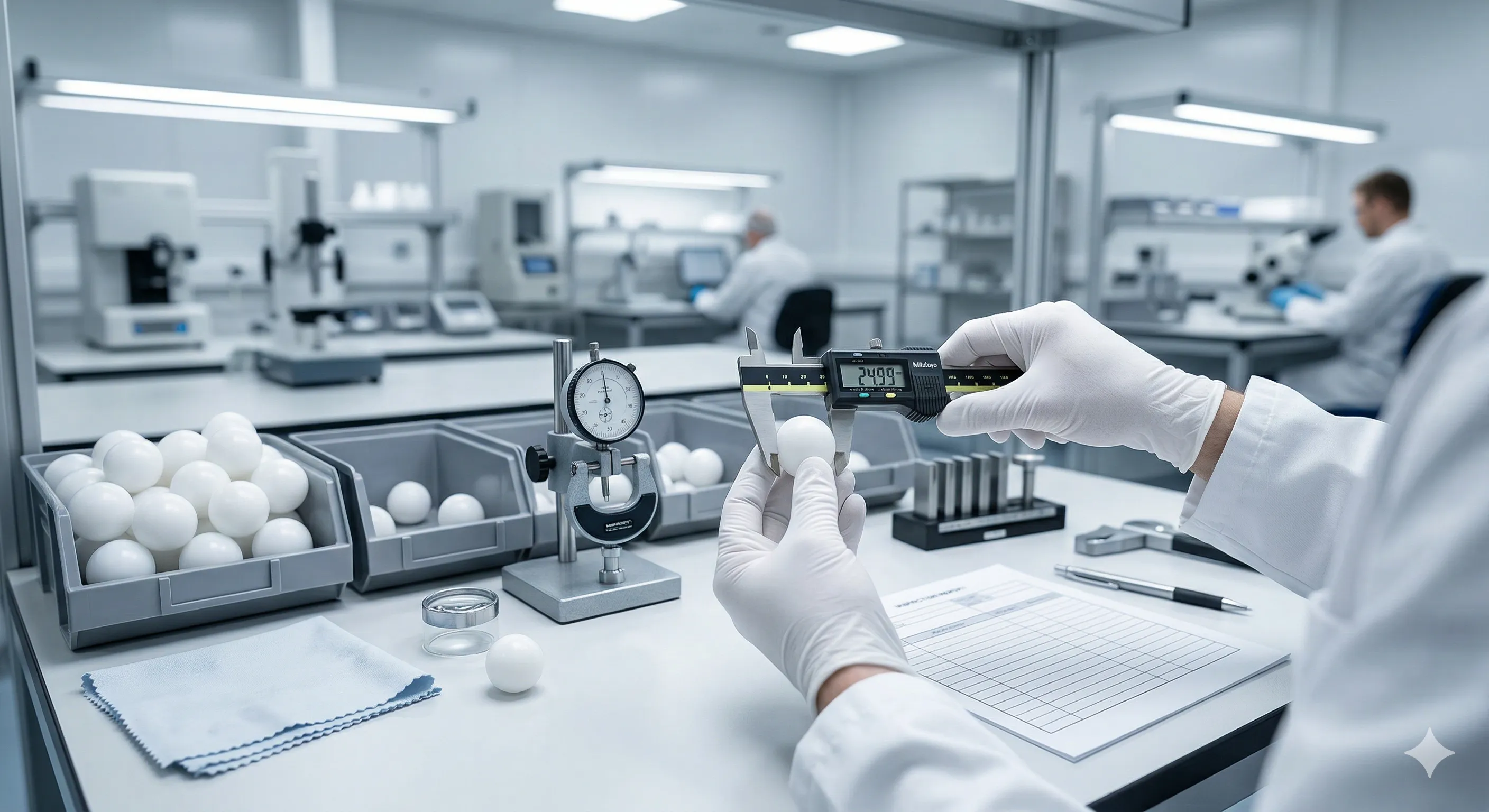 Control de calidad dimensional de esferas plásticas farmacéuticas con instrumentos de medición